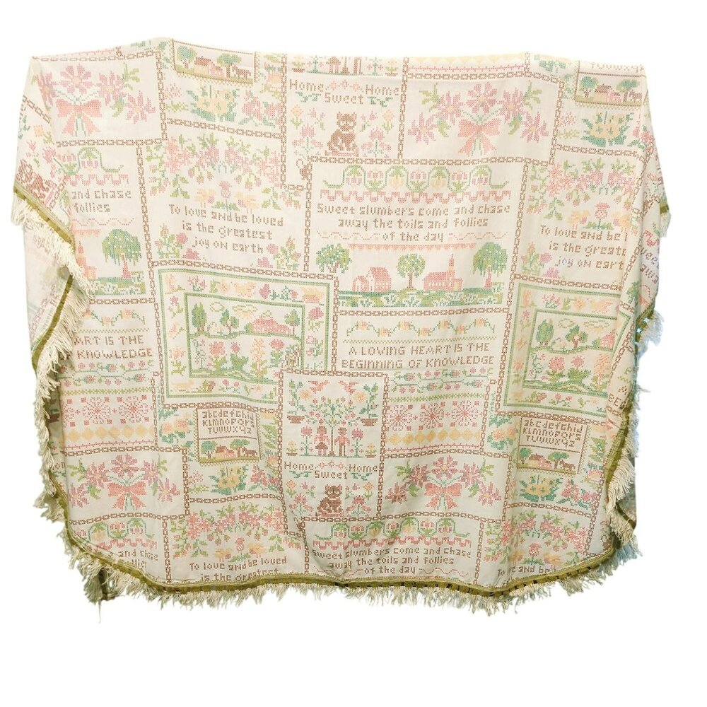 Sears Perma-Prest Twin Bedspread 70 X 92 Faux Cross-Stitch Pattern Fringe Edges